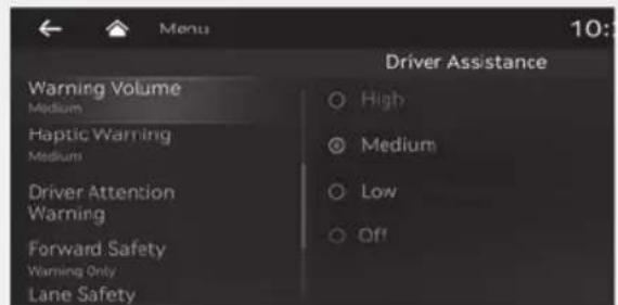 Menu 10: Driver Assistance Warning Volume Medium Haptic Warning Medium Driver Attention Warning Forward Safety Warning Only Lane Safety High Medium Low Off