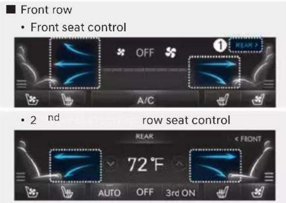 Front row • Front seat control OFF 1 REAR > A/C • 2 nd row seat control REAR < FRONT 72°F AUTO OFF 3rd ON