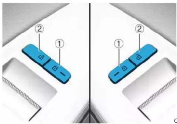 Diagram showing two blue buttons labeled ① and ② on a surface, with arrows pointing to each button.