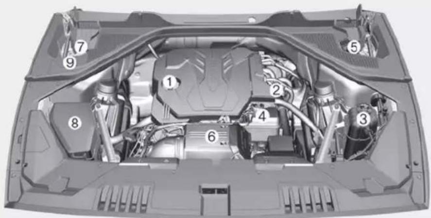 Technical diagram of a car engine bay with numbered components for identification