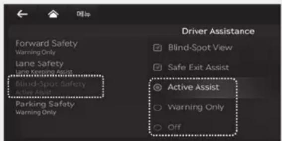 Forward Safety Warning Only Lane Safety Lane Keeping Assist Blind-Spot Safety Active Assist Parking Safety Warning Only Driver Assistance Blind-Spot View Safe Exit Assist Active Assist Warning Only Off