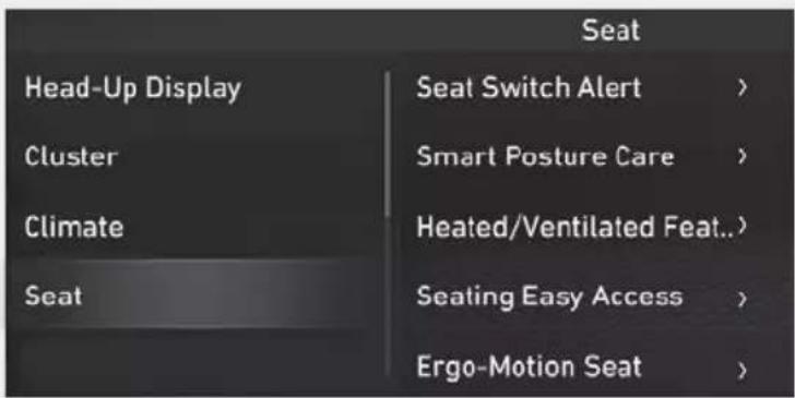 Seat Head-Up Display Cluster Climate Seat Seat Switch Alert > Smart Posture Care > Heated/Ventilated Feat..> Seating Easy Access > Ergo-Motion Seat >