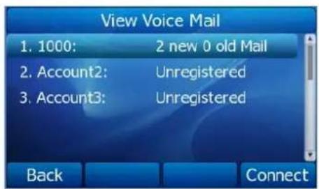 View Voice Mail 1. 1000: 2 new 0 old Mail 2. Account2: Unregistered 3. Account3: Unregistered Back Connect