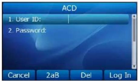 ACD 1. User ID: 2. Password: Cancel 2aB Del Log In