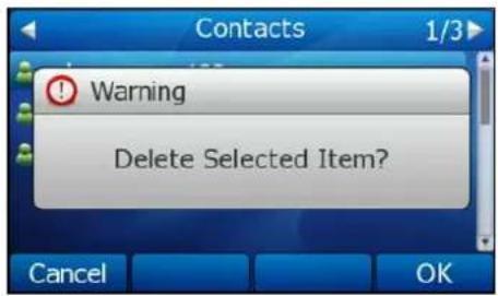 Contacts 1/3 Warning Delete Selected Item? Cancel OK