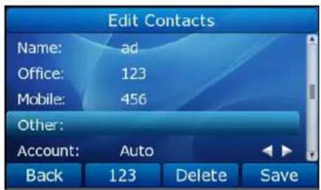 Edit Contacts Name: ad Office: 123 Mobile: 456 Other: Account: Auto Back 123 Delete Save