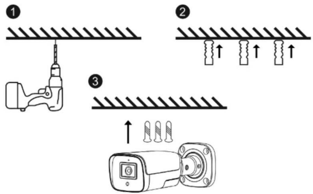 Diagram illustrating three-step installation of a mechanical device: tool, screw, and camera with upward arrows indicating assembly or positioning.