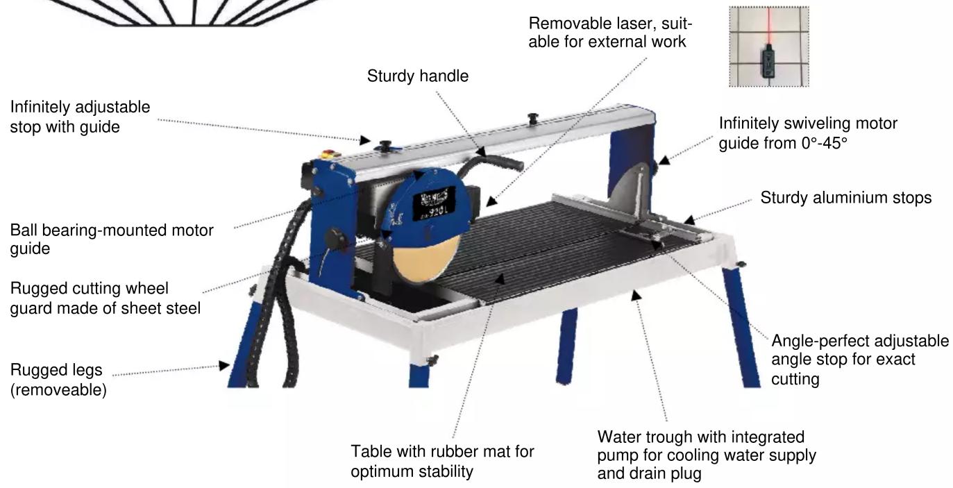 Removable laser, suitable for external work Sturdy handle Infinitely adjustable stop with guide Incentively swiveling motor guide from 0°-45° Sturdy aluminium stops Ball bearing-mounted motor guide Rugged cutting wheel guard made of sheet steel Rugged legs (removeable) Angle-perfect adjustable angle stop for exact cutting Table with rubber mat for optimum stability Water trough with integrated pump for cooling water supply and drain plug