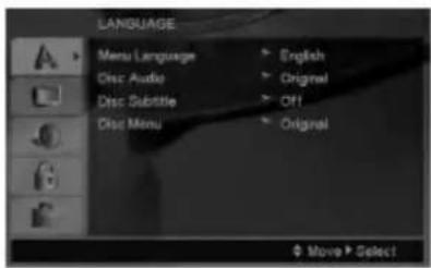 LANGUAGE Menu Language Disc Audio Disc Subtitle Disc Menu English Original Off Original Move Select