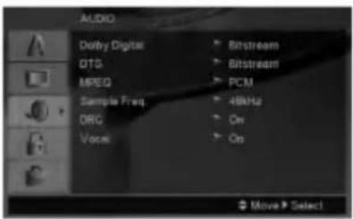AUDIO Dolby Digital OTS MPEG Sample Freq DRG Voc 8bitstream 8bitstream PCM 4MHz On On Move > Select