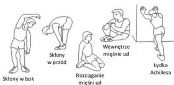 Skłony w bok Skłony w przód Rozciąganie mięśni ud Wewnętrze mięśnie ud Łydka Achillesa