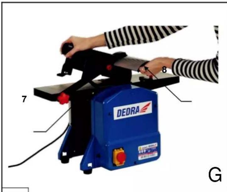 Opozorila Delovni parametri Podatki o naslovu Ime stroja Črtna koda ZAGROŽENIA MECHANICZNE DEDRA 1400W 220/240V ~ 50 Hz 1,4 kW IP20 S1 Partia: Rok prod: 2012 Strugarko-grubiarka DED7813 Logo tip Tehnične specifikacije Zaščitni razred številka serije, leto izdelave Model opreme
