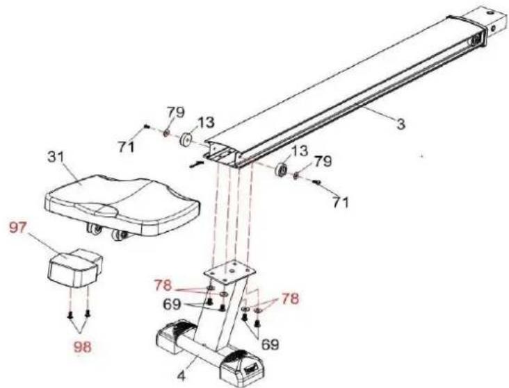 Technical diagram of a mechanical assembly with numbered components and directional arrows indicating assembly steps.