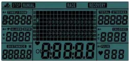 STOP MANUAL RACE RECOVERY A+ TIME/500M C 8:00:00 TOTAL STROKES 88888 A+ ALARM BPM A + 8888 A CALORIES U 8888 DISTANCE M 0:00:0.0 Ob... A+ PULSE 888.8 888