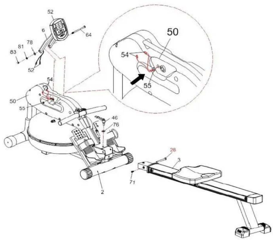 Technical diagram of a stationary exercise machine with numbered components and an inset close-up showing internal wiring or wiring paths.