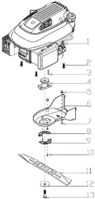 Exploded view diagram of a lawn mower with numbered parts for identification