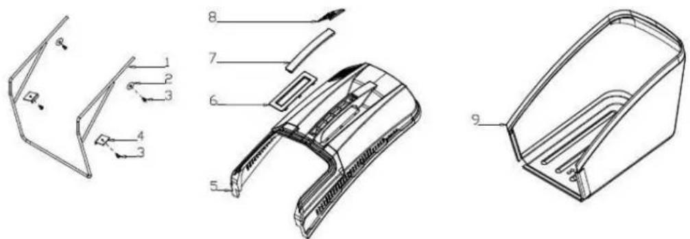 Technical diagram of a device's internal structure with numbered parts and exploded views