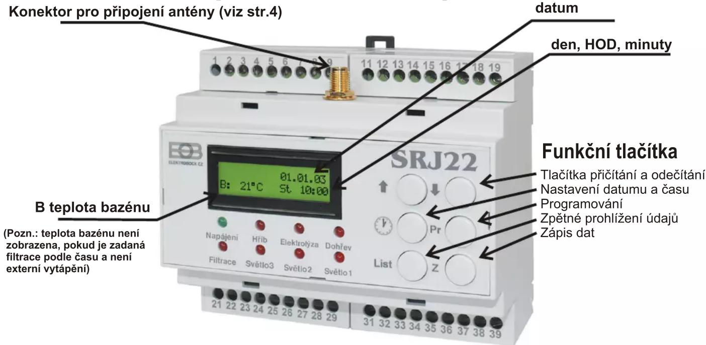 Konektor pro připojení antény (viz str.4) datum den, HOD, minuty EOB ELEKTROSOCK CZ SRJ22 Funkční tlačítka Tlačítka přičitání a odečitání Nastavení datumu a času Programování Zpětné prohlížení údajů Zápis dat B teplota bazénu (Pozn.: teplota bazénu není zobrazena, pokud je zadaná filtrace podle času…