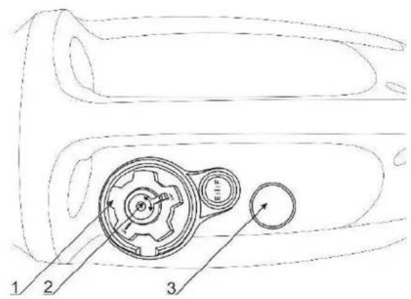 Technical diagram of a mechanical component with numbered parts labeled 1, 2, and 3
