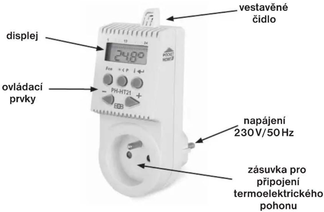 vestavěné čidlo displej 2480 Fca + < P i ← OVládací prvky PH-HT21 + napájení 230 V/50 Hz zásuvka pro připojení termoelektrického pohonu