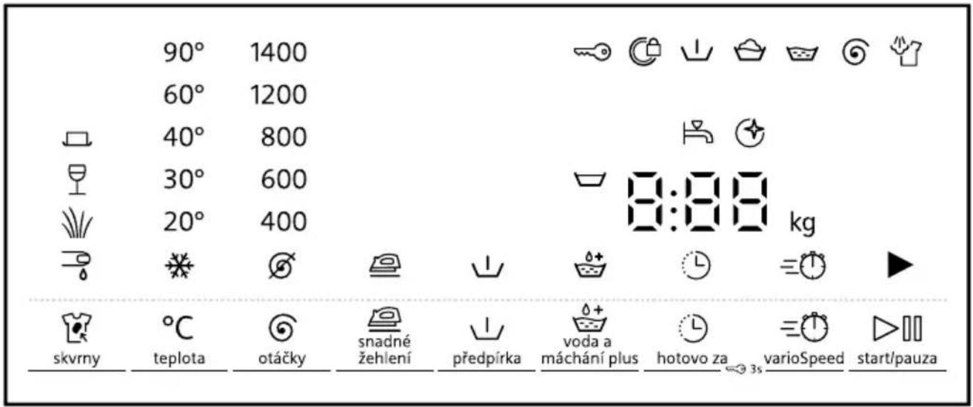 90° 1400 60° 1200 40° 800 30° 600 20° 400 skvrny °C teplota otáčky snadné žehlení předpírka voda a máchání plus hotovo za varioSpeed start/pauza