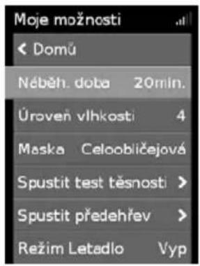 Moje možnosti < Domů Néběh. doba 20min. Úroveň vlhkosti 4 Maska Celoobličejová Spustit test těsnosti > Spustit předehřev > Režim Letadlo Vyp