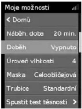 Moje možnosti < Domů Néběh. doba 20 min. Doběh Vypnuto Úroveň vlhkosti 4 Maska Celoobličejová Trubice Standardní Spustit test těsnosti >