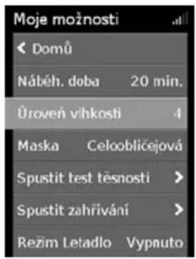Moje možnosti ◄ Domů Náběh. doba 20 min. Úroveň vihkosti 4 Maska Celoobličejová Spustit test těsnosti > Spustit zahrívání > Režim Letadlo Vypnuto
