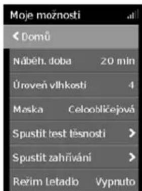 Moje možnosti < Domů Náběh. doba 20 min Úroveň vlhkosti 4 Maska Celoblikčejová Spustit test těsnosti > Spustit zahrňání > Režim Letadio Vypnuto