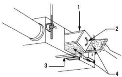 Technical diagram of a mechanical assembly with numbered components and directional arrows indicating motion or force