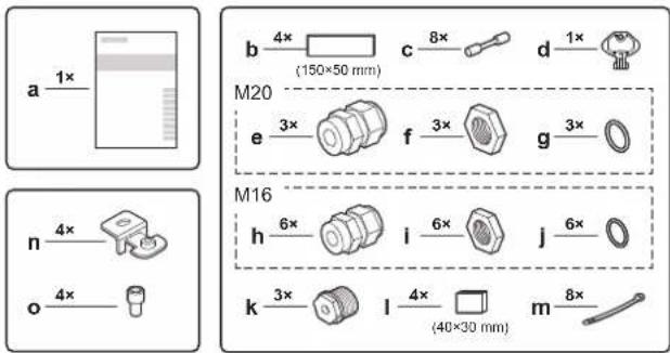 a 1× b 4× (150×50 mm) c 8× d 1× M20 e 3× f 3× g 3× M16 h 6× i 6× j 6× k 3× l 4× (40×30 mm) m 8×