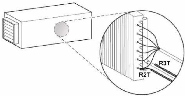 Technical diagram showing a rectangular device connected to a grid with labeled resistors R2T, R3T, and an inset magnified view of its internal structure.