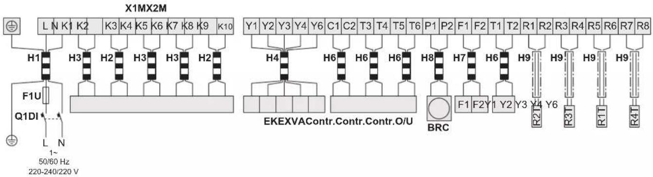 X1MX2M L N K1 K2 K3 K4 K5 K6 K7 K8 K9 K10 H1 H3 H2 H3 H3 H2 F1U Q1DI L N 1~ 50/60 Hz 220-240/220 V Y1 Y2 Y3 Y4 Y6 C1 C2 T3 T4 T5 T6 P1 P2 F1 F2 T1 T2 R1 R2 R3 R4 R5 R6 R7 R8 H4 H6 H6 H6 H8 H7 H6 H9 H9 H9 EKEXVAContr.Contr.Contr.O/U BRC F1 F2 Y1 Y2 Y3 Y4 Y6 R2 R3 R4 R5 R6 R7 R8 R41