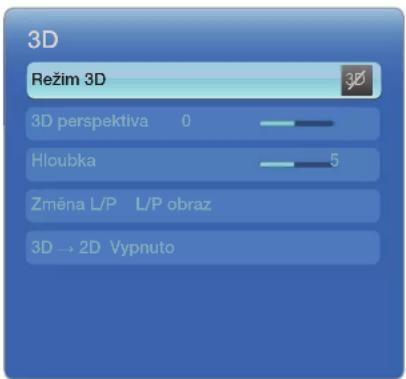 3D Režim 3D 3D perspektiva 0 Hloubka 5 Změna L/P L/P obraz 3D → 2D Vypnuto
