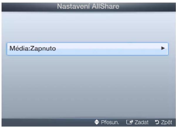Nastavení AllShare Média:Zapnuto Přosun. Zadat Zpět