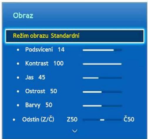 Obraz Režim obrazu Standardní Podsvícení 14 Kontrast 100 Jas 45 Ostrost 50 Barvy 50 Odstín (Z/Č) Z50 Č50