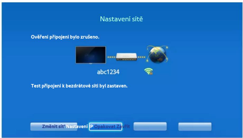 Nastavení sítě Ověření připojení bylo zrušeno. abc1234 Test připojení k bezdrátové sítí byl zastaven. Změnít sít' Nastavení P Opakovat Zavřít