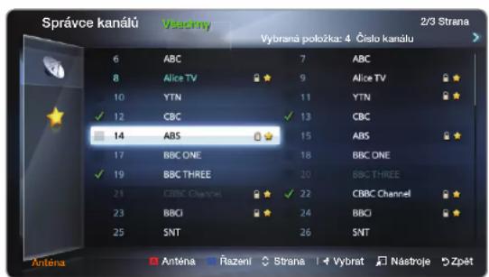 Správce kanálú Visac my 2/3 Strana Výbraná položka: 4 Ólálo kanálu 6 ABC 7 ABC 8 Alice TV ★ 9 Alice TV ★ 10 YTN 11 YTN ★ ✓ 12 CBC ✓ 13 CBC □ 14 ABS 15 ABS ★ 17 BBC ONE 18 BBC ONE ✓ 19 BBC THREE 20 BBC THREE 21 CBC Channel ★ ✓ 22 CBC Channel ★ 23 BBCI ★ 24 BBCI ★ 25 SNT 26 SNT ★ Anténa Antena Rázení Strana Vybrat Nástroje Zpět