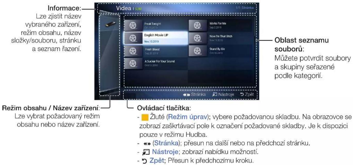 Informace: Lze zjistit název vybraného zařízení, režim obsahu, název složky/souboru, stránku a seznam řazení. Režim obsahu / Název zařízení: Lze vybrat požadovaný režim obsahu nebo název zařízení. Videa 1 SUM 1/1 Stránka Freak Tonight Oct.13.2010 English Movie UP Nov.10.2010 Fresh Blood Sep.25.2016 A Sucker For Your Sound Oct.13.2010 Works For Me Sep.5.2010 Now I'm That Stitch Nov.15.2010 Stand By Me Oct.16.2010 Oblast seznamu souborů: Můžete potvrdit soubory a skupiny seřazené podle kategorií. Ovládací tlačítka: - Žluté (Režim úprav); vybere požadovanou skladbu. Na obrazovce se zobrazí zaškrtávací pole k označení požadované skladby. Je k dispozici pouze v režimu Hudba. - «» (Stránka); přesun na další nebo na předchozí stránku. - Nástroje; zobrazí nabídku možností. - Zpět; Přesun k předchozímu kroku.