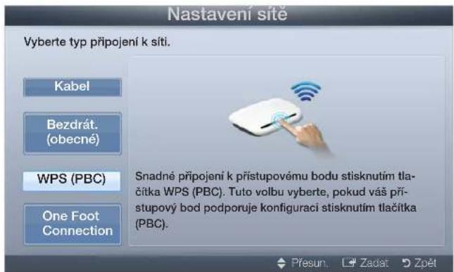 Nastavení sitě Vyberte typ připojení k síti. Kabel Bezdrát. (obecné) WPS (PBC) One Foot Connection Snadné připojení k přístupovému bodu stisknutím tlačítka WPS (PBC). Tuto volbu vyberte, pokud vás přístupový bod podporuje konfigurací stisknutím tlačítka (PBC). Přesun. Zadat Zpět