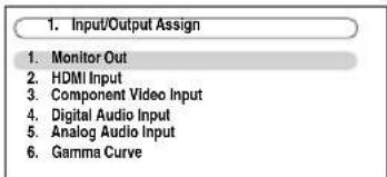 1. Input/Output Assign 1. Monitor Out 2. HDMI Input 3. Component Video Input 4. Digital Audio Input 5. Analog Audio Input 6. Gamma Curve
