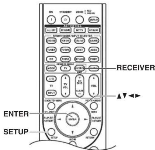 ON STANDOT ZONE 2 RED TEN:0 REVIEWER ALL SET MP MODE MP TV MP RUN REMOTE MODE/INPUT SELECTOR OVIDEN OILIN OILIN GAMS TUNES TVDOS AUX1 AUX2 CO PEND RETURN PORT REMOTE MODE MODE TV RECIRI L/O TV VOL + OR TV VOL ALUM INPUT - GODE/TOP MENU PLUMB ENTER PLUMB SETUP AUTO RETURN RECEIVER ▲▼▲▼