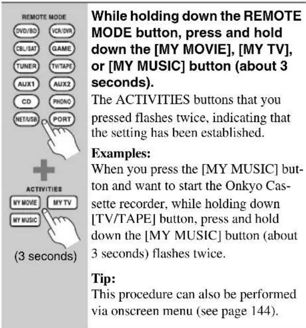 REMOTE MODE DVD/BO VCR/DVR CBL/SAT GAME TUNER TV/TAPE AUX1 AUX2 CD PHONO NET/USB PORT + ACTIVITIES MY MOVIE MY TV MY MUSIC (3 seconds) While holding down the REMOTE MODE button, press and hold down the [MY MOVIE], [MY TV], or [MY MUSIC] button (about 3 seconds). The ACTIVITIES buttons that you pressed flashes twice, indicating that the setting has been established. Examples: When you press the [MY MUSIC] button and want to start the Onkyo Cassette recorder, while holding down [TV/TAPE] button, press and hold down the [MY MUSIC] button (about 3 seconds) flashes twice. Tip: This procedure can also be performed via onscreen menu (see page 144).