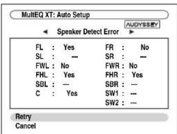 MultiEQ XT: Auto Setup Speaker Detect Error FL : Yes FR : No SL : — SR : — FWL : No FWR : No FHL : Yes FHR : Yes SBL : — SBR : — C : Yes SW1 : — SW2 : — Retry Cancel