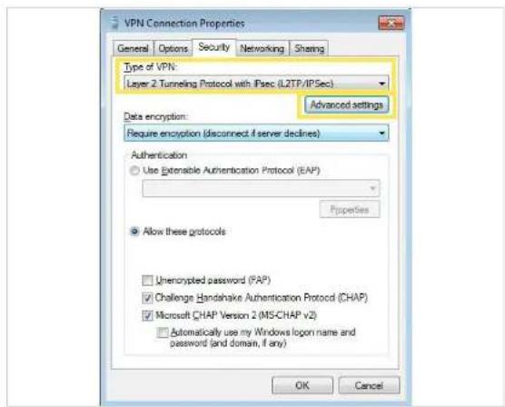VPN Connection Properties General Options Security Networking Sharing Type of VPN: Layer 2 Tunneling Protocol with IPsec (LZTP/IPSec) Advanced settings Data encryption: Require encryption (disconnect if server declines) Authentication Use Extensible Authentication Protocol (EAP) Properties Allow these protocols Unencrypted password (FAP) Challenge Handshake Authentication Protocol (CHAP) Microsoft CHAP Version 2 (MS-CHAP v2) Automatically use my Windows logon name and password (and domain, if any) OK Cancel