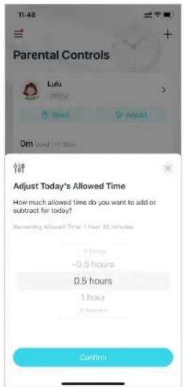 Parental Controls Lulu PMX Add Adjust Om Used 11:30pm Adjust Today's Allowed Time How much allowed time do you want to add or subtract for today? Remembered Allowed Time: 1 hour 30 minutes 1 hour -0.5 hours 0.5 hours 1 hour 2 hours Confirm