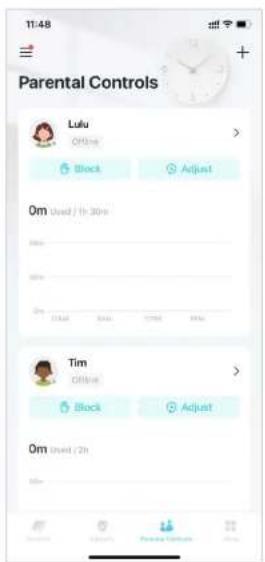 T1:48 Parental Controls Lulu OFFsite Block Adjust 0m Used / 1h 30m Tim OFFsite Block Adjust 0m Used / 2h