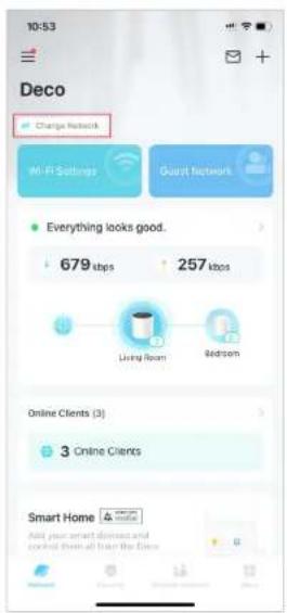 10:53 Deco Change Network Wi-Fi Settings Guest Network Everything looks good. 679 kbps 257 kbps Living Room Redcom Online Clients (3) 3 Online Clients Smart Home Add your smart devices and cooked them all from the Deco