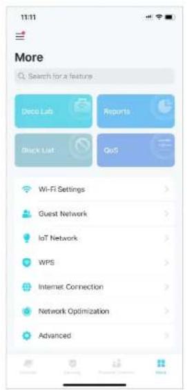 11:11 More Search for a feature Deco Lab Reports Block List QuS Wi-Fi Settings Guest Network IoT Network WPS Internet Connection Network Optimization Advanced