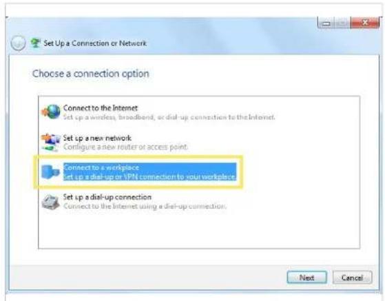 Set Up a Connection or Network Choose a connection option Connect to the Internet Set up a wireless, broadband, or dial-up connection to the Internet. Set up a new network Configure a new router or access point. Connect to a workplace Set up a dial-up or VPN connection to your workplace. Set up a dial-up connection Connect to the Internet using a dial-up connection. Next Cancel